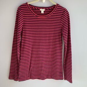J. Crew Knit Top Navy Pink Stripes Long Sleeve Round Neck Tee Cotton Blend Small